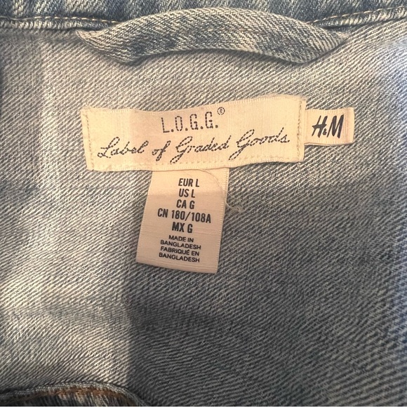 H&M LOGG Men's Jean Jacket Large Denim Trucker Distressed Light Wash - Picture 4 of 4